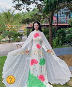 Áo dài thiết kế hoa sen đắp nổi, đính kết phale thủ công, tinh tế, sang trọng mã T364 Hoàng Cẩm Chi
