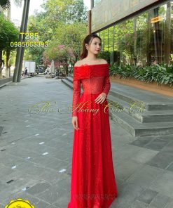 Áo dài dạ hội đỏ sang trọng mã T285 Hoàng Cẩm Chi
