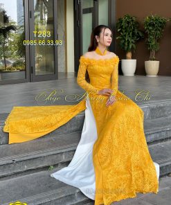 Áo Dài Ren Hoa Hồng Vàng Hoàng Gia mã T283 Hoàng Cẩm Chi