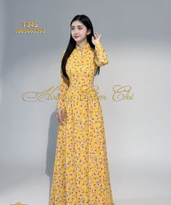 Áo dài truyền thống hoa nhí vàng mã T345 Hoàng Cẩm Chi