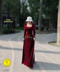 Áo dài thiết kế cao cấp Nhung đính đá mã T296 Hoàng Cẩm Chi