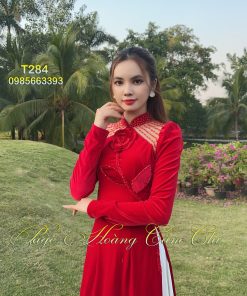 Áo dài nhung đỏ thêu hoa cườm sang trọng mã T284 Hoàng Cẩm Chi