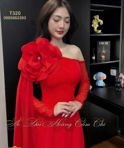 Áo dài thiết kế Đóa Hoa Kiêu Sa đỏ mã T320 Hoàng Cẩm Chi