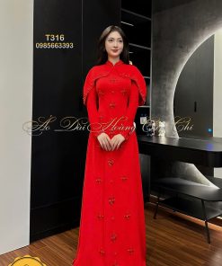 Áo dài thiết kế Đỏ quyền uy đính đá mã T316 Hoàng Cẩm Chi