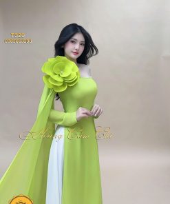Áo dài thiết kế Đóa Hoa Kiêu Sa xanh mã T320 Hoàng Cẩm Chi