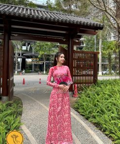 Áo dài thiết kế Hoa Đào Hồng Mã T319 Hoàng Cẩm Chi