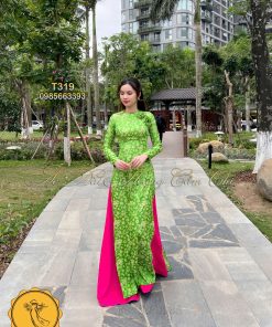 Áo dài thiết kế Hoa Đào Xanh Mã T319 Hoàng Cẩm Chi