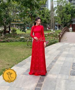 Áo dài thiết kế Hoa Đào Đỏ Mã T319 Hoàng Cẩm Chi
