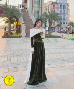 Áo dài thiết kế Hồng Ánh nhung xanh rêu mã T190 Hoàng Cẩm Chi