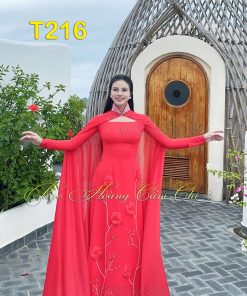 Áo dài thiết kế Hoa Nhã đỏ mã T216 Hoàng Cẩm Chi