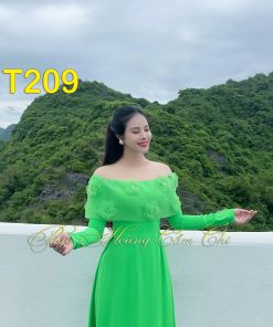 Áo dài thiết kế Nét Xuân Duyên Dáng xanh lá mã T209 Hoàng Cẩm Chi