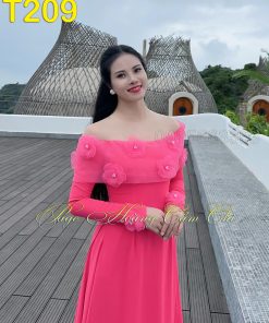 Áo dài thiết kế Nét Xuân Duyên Dáng hồng sen mã T209 Hoàng Cẩm Chi
