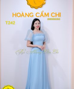 Áo dài thiết kế Xanh Pastel Tay Bồng Công Chúa mã T242 Hoàng Cẩm Chi