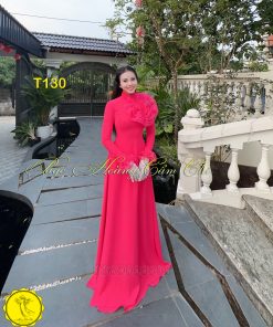 Áo dài thiết kế Hoa Mật màu hồng sen mã T130 Hoàng Cẩm Chi