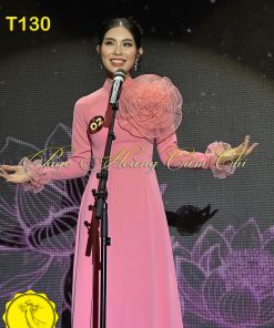 Áo dài thiết kế Hoa Mật màu hồng đỗ mã T130 Hoàng Cẩm Chi
