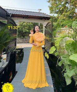 Áo dài thiết kế Hoa Mật màu vàng mã T130 Hoàng Cẩm Chi