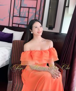 Áo dài thiết kế mã T148 màu cam Hoàng Cẩm Chi