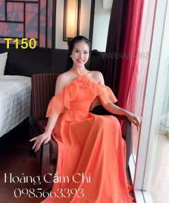 Áo dài thiết kế Vân Tuyết cam mã T150 Hoàng Cẩm Chi