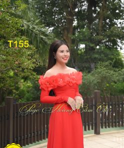 Áo dài thiết kế Ngọc Huê đỏ mã T155 Hoàng Cẩm Chi