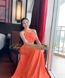 Áo dài thiết kế mã T147 màu cam Hoàng Cẩm Chi