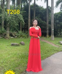 Áo dài thiết kế Vân Ca màu đỏ mã T208 Hoàng Cẩm Chi