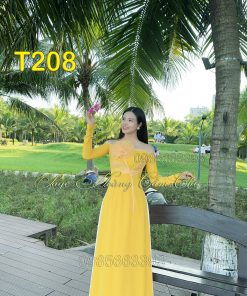 Áo dài thiết kế Vân Ca màu vàng mã T208 Hoàng Cẩm Chi