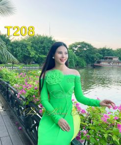Áo dài thiết kế Vân Ca màu xanh lá mã T208 Hoàng Cẩm Chi