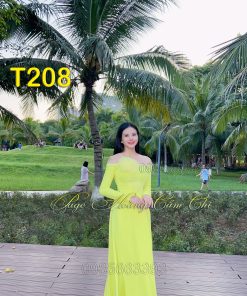 Áo dài thiết kế Vân Ca màu vàng chanh mã T208 Hoàng Cẩm Chi