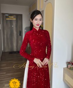 Áo dài Nhung Kim Sa Màu Đỏ Tươi Hoàng Cẩm Chi
