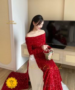 Áo dài thiết kế trễ vai vải Nhung Kim Sa Hoàng Cẩm Chi