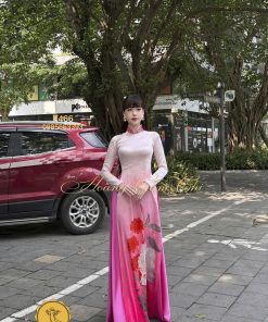 Áo dài thiết kế Hương Hoa, vải lụa in 5D cao cấp mã T466 Hoàng Cẩm Chi