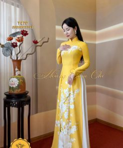 Áo dài thiết kế Nắng Mai, vải lụa in 5D cao cấp mã T470 Hoàng Cẩm Chi