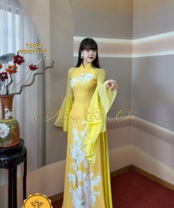 Áo dài thiết kế Nắng Mai, vải lụa in 5D cao cấp mã T468 Hoàng Cẩm Chi