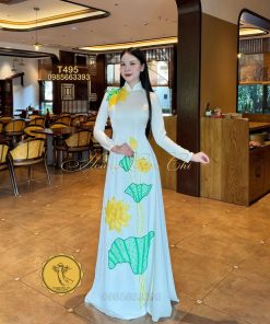 Áo dài thiết kế Nguyệt Cát Kim Sen mã T495 Hoàng Cẩm Chi